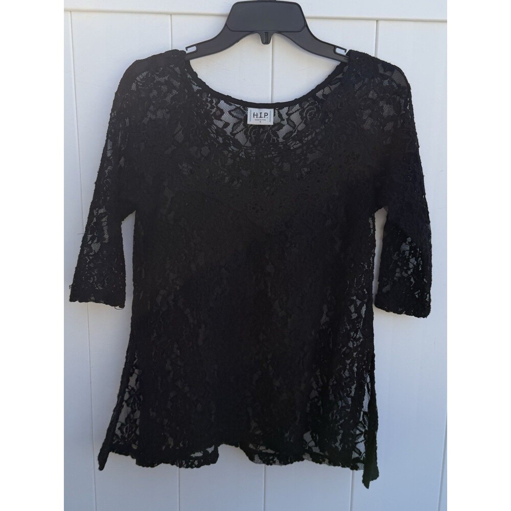 h.i.p. HAPPENING IN THE PRESENT FLORAL LACE TOP BLACK SMALL Sheer 3/4 Sleeve